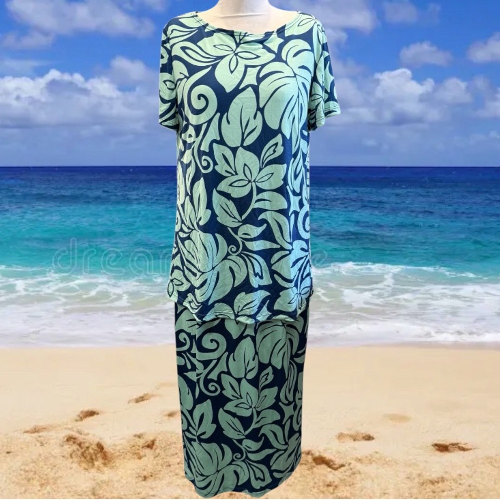 iOi Iolani Womens Size L Skirt Top Set Hawaiian Blue Floral Alohawear Luau Paina